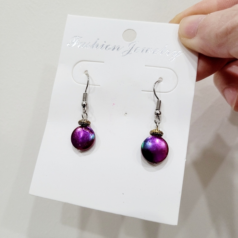 Brand New Silver Tone Purple Bead Dangle Earrings